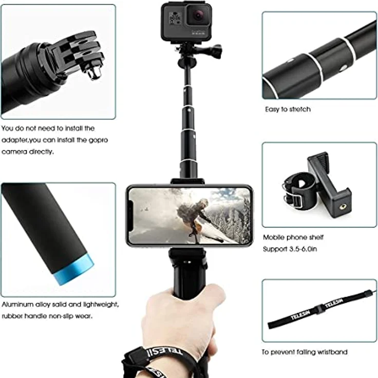 TELESIN GP-MNP-090-S, Selfie Stick / Tripod aus Aluminium für Sportkameras, 20-90 cm einstellbar, 180° drehbar, wasserdicht und korrosionsbeständig – Bild 6