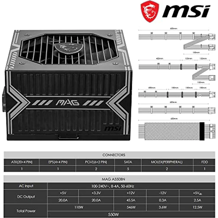 MSI MAG A550BN, Netzteil mit 550 Watt, nicht modular, ATX, 80 PLUS Bronze Effizienz, 5 Jahre Garantie – Bild 5