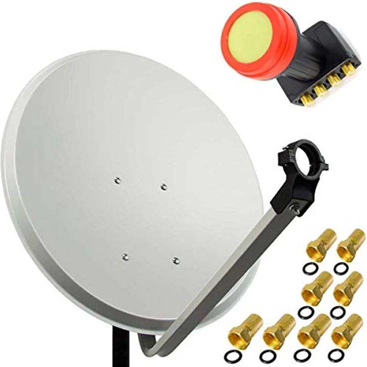 PremiumX Satellitenschüssel 45cm, Stahl Hellgrau mit Quad LNB und 8 Steckern für optimalen Empfang – Bild 1