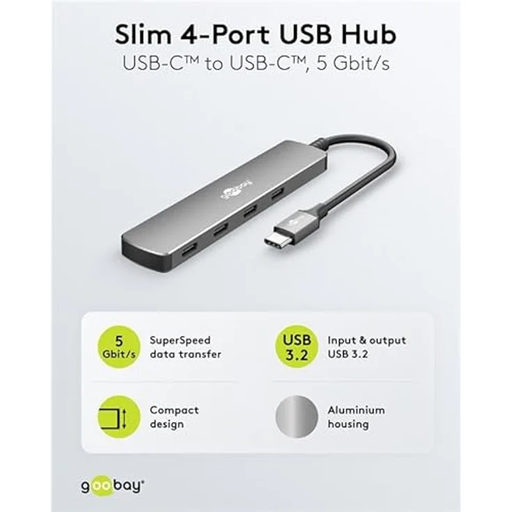 goobay USB C 3.2 Hub, 4xUSB-C Anschluss, SuperSpeed-Datenraten bis 5 Gbit/s, kompatibel mit Windows/Linux/macOS, kompakt und tragbar - 79160 – Bild 2