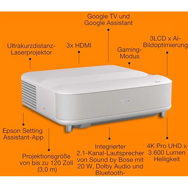 Epson EH-LS670W, Ultrakurzdistanz-Smart-Laserprojektor mit 3600 Lumen und integriertem Google TV, Weiss – Bild 2