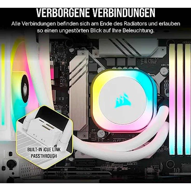 CORSAIR iCUE LINK H100i RGB Flüssig-CPU-Kühler - 240mm AIO - QX120 RGB-Lüfter - Passend Für Intel® LGA 1700, AMD® AM5 - iCUE LINK System Hub Enthalten - Weiß – Bild 4