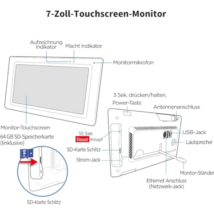 SecuFirst 2K Überwachungskamera Aussen Set mit Innen Monitor, 7 Zoll Touchscreen, AI Bewegungsmelder, 64 GB SD-Karte – Bild 5