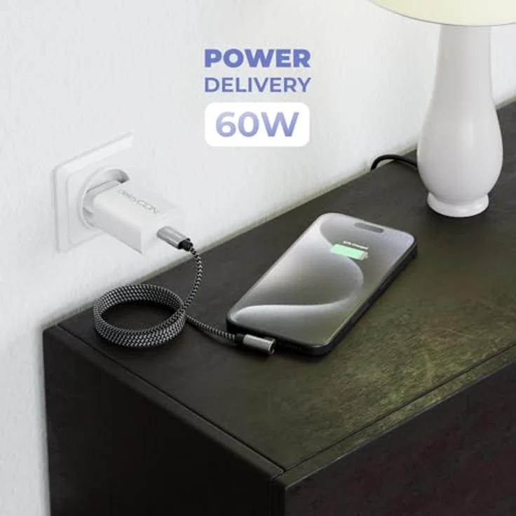 deleyCON 1,5m USB C Kabel 90° Gewinkelt PD3.0 (60W Schnellladekabel) C auf C, Grau-Schwarz, für iPhone 16/15 Pro Max, Samsung Galaxy S25/S24/S23/S22, Pixel, iPad Pro, MacBook Air, Tablets, Switch, PS5 – Bild 5