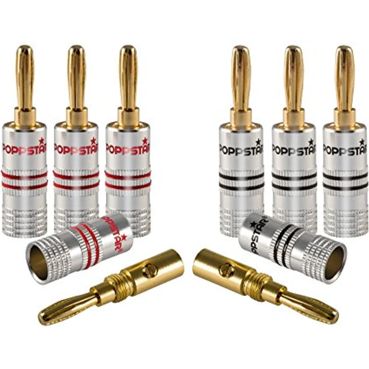 Poppstar 8x High End Bananenstecker, Bananas für Lautsprecherkabel (bis 6 mm²), Lautsprecher, AV Receiver, 24k vergoldete Kontakte (4x schwarz, 4x rot) – Bild 2