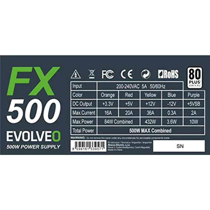 Evolveo FX 500 Source 500W ATX, 14cm, leise, 80+, grün – Bild 3