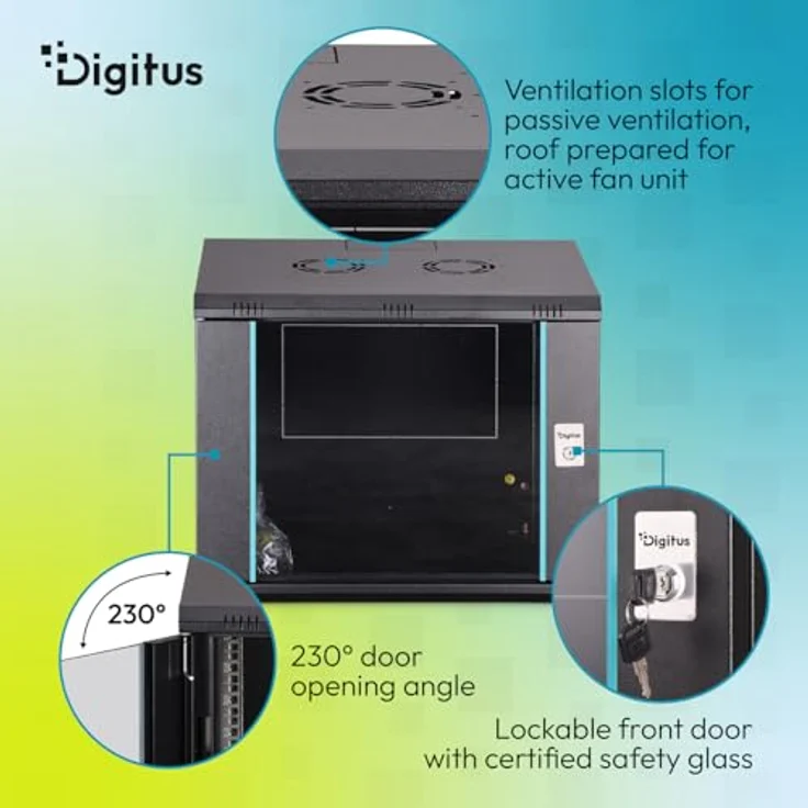 DIGITUS Netzwerkschrank Dynamic-N, 19-Zoll Rack 9HE, unmontiert, Wandmontage, 600 mm Tiefe, 60 kg Traglast, schwarze Sicherheitsglastür – Bild 4
