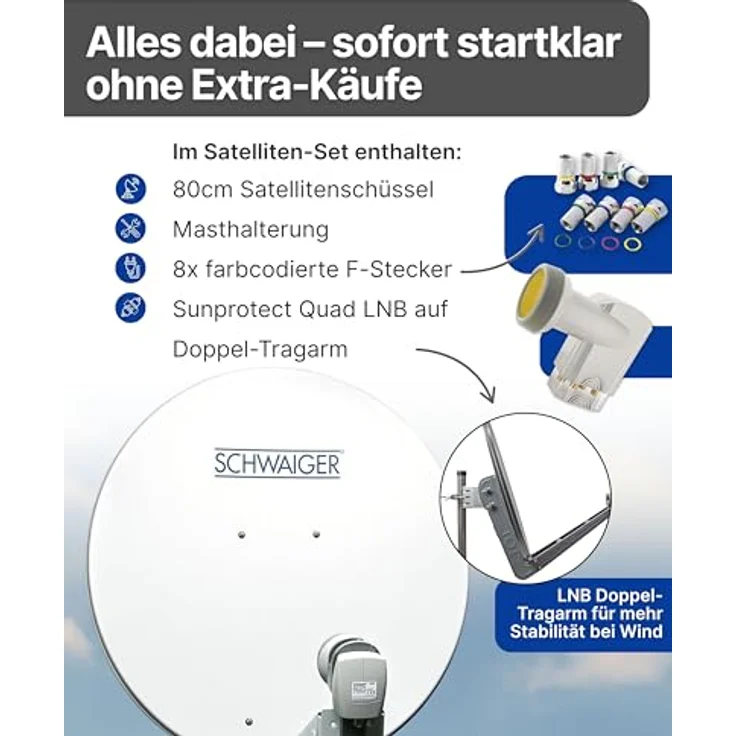 SCHWAIGER Satellitenschüssel Komplettset, Ø 80 cm Aluminium Offset Antenne in Hellgrau, inkl. Quad LNB 4-Fach, Digital HD & 4K Empfang, wetterfest und mit integrierter Kabelführung – Bild 3