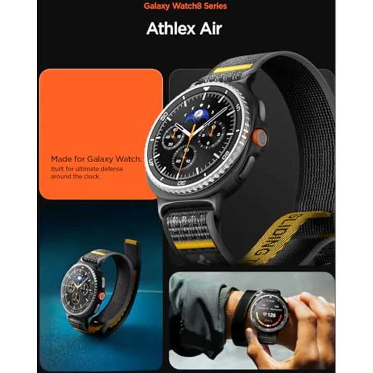 Spigen Athlex Air Armband für Samsung Galaxy Watch 8, 44mm/40mm, 8 Classic 46mm (2025) - Komfortabel, sicherer Klettverschluss, sportliche gelbe Nähte, Actives Schwarz – Bild 4