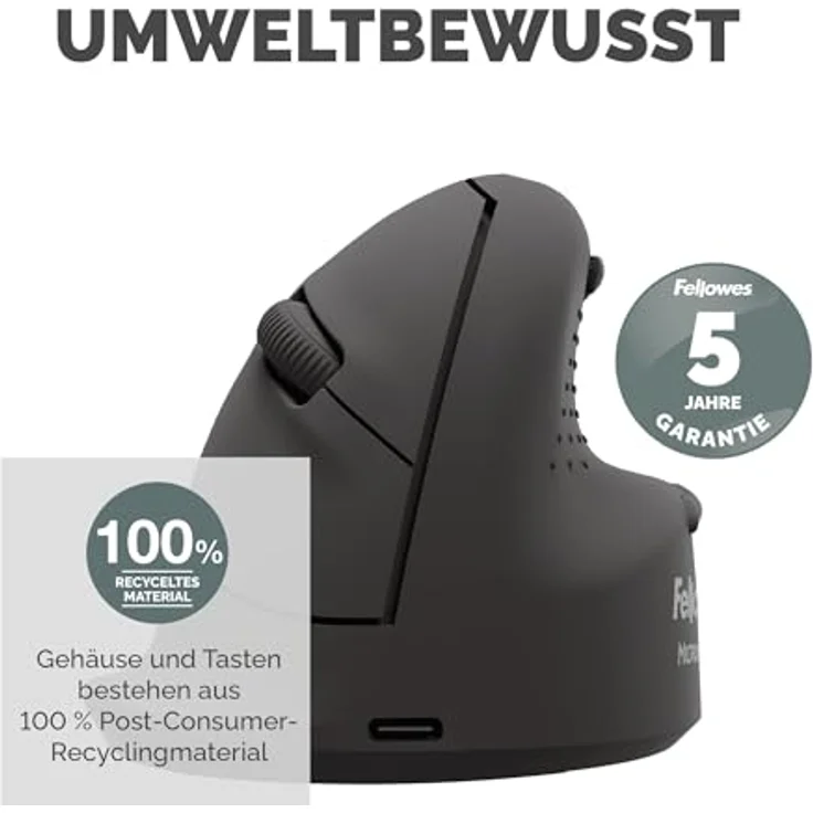 Fellowes Breyta Plus+ Ergonomische Maus, Kabellos und Kabelgebunden, Schwarz, für Rechtshänder – Bild 10