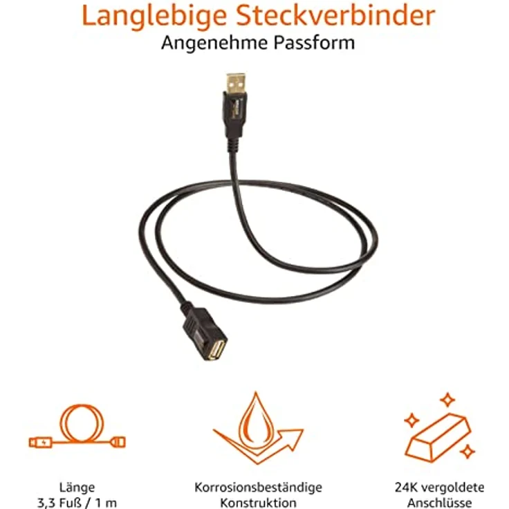AmazonBasics 7GV4 USB 2.0 A-Stecker auf A-Buchse Verlängerungskabel (1 m), Schwarz – Bild 2