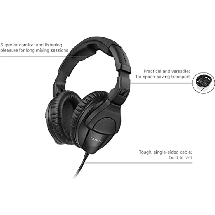 Sennheiser HD 280 PRO, Geschlossener Over-Ear DJ & Monitoring Kopfhörer mit hoher Geräuschdämpfung, zusammenklappbares Design und schwenkbare Ohrmuscheln, 3m Spiralkabel & 1/4“ Klinkenadapter, Schwarz – Bild 4