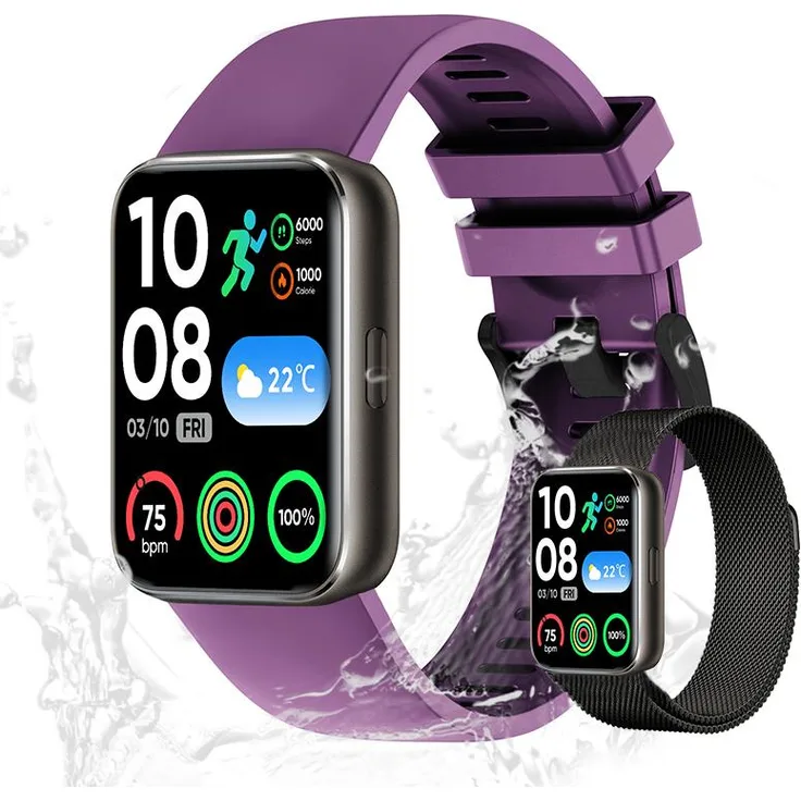 Valdus Herren Smartwatch, Luxus-Fitnessuhr mit IP68 Wasserschutz, Telefonfunktion, SpO₂-Messung, Stressanalyse & über 120 Sportmodi – Lila