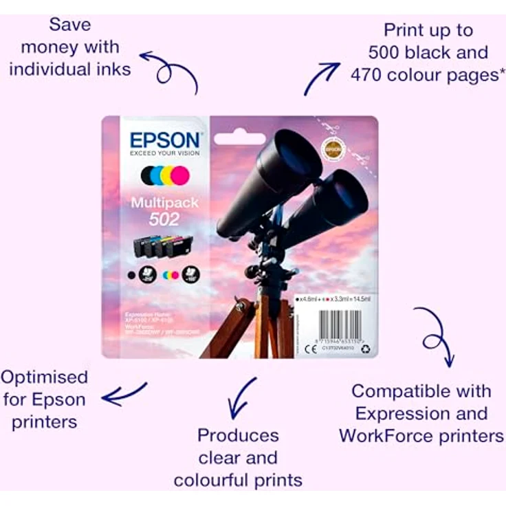 Epson Original 502 Tinte Fernglas, XP-5100 XP-5105 WF-2860DWF WF-2865DWF (Multipack 4-farbig) – Bild 2