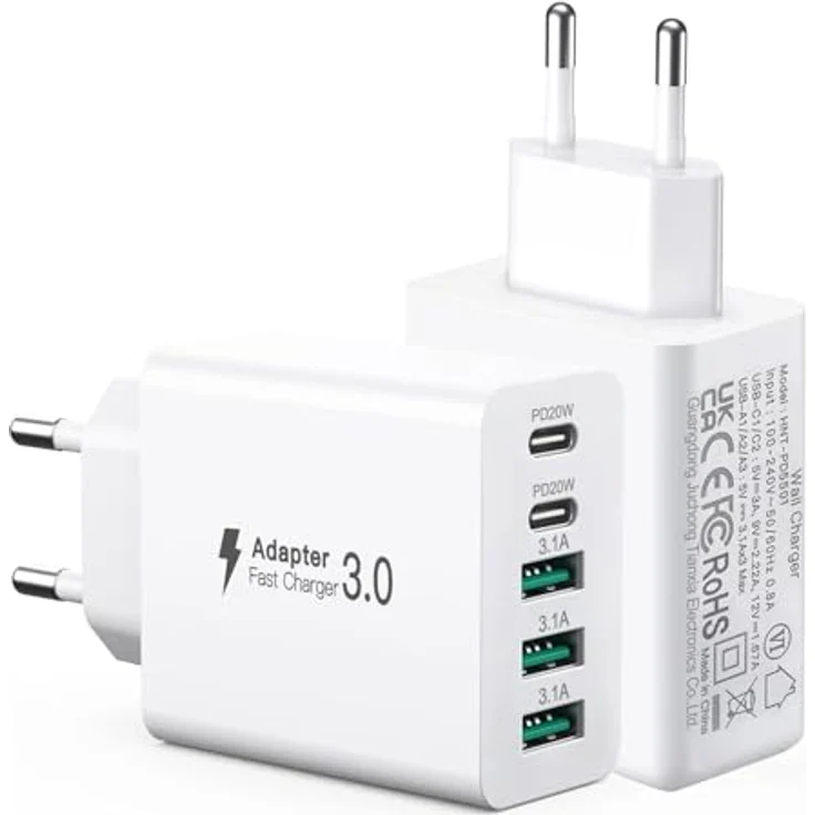 sccvee 2er Pack USB C Ladegerät 50W, 5 Ports mit 2 USB-C und 3 USB-A, Fast Charge PD 3.0 Adapter für iPhone 12/13/14/15 und Galaxy S25 – Bild 1