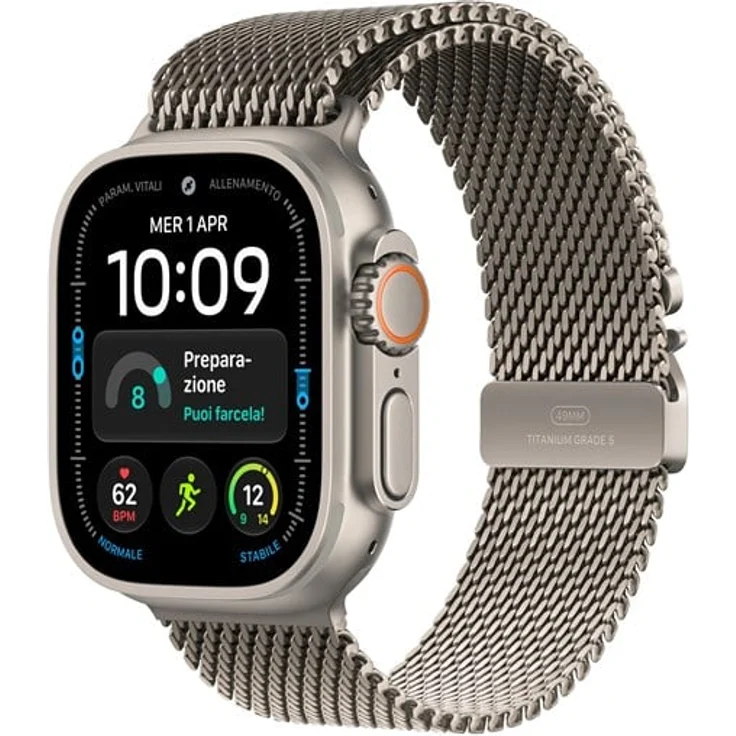 Apple Watch Ultra 4, Smartwatch mit GPS + Cellular, 49mm Natural Titanium Gehäuse und Milanese Loop - M