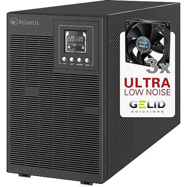Atlantis A03-OP3002XLN, USV mit 3000 VA, 2100 W, Online-Doppelwandler, reine Sinuswelle, Tower-Ausführung, 4 IEC-Steckdosen, USB, RS232, 12 V – 9 Ah, extrem leise mit 31,3 dBA – Bild 1