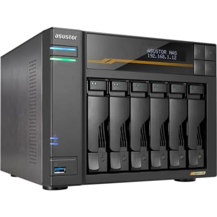 Asustor Lockerstor 6 Gen3 AS6806T 6 Bay NAS Netzwerkspeicher, AMD Ryzen Quad-Core 2.3 GHz, 16GB RAM ECC DDR5, 4 M.2 NVMe Slots, Dual 5GbE & Dual 10GbE Port, USB4 Type-C, Network Attached Storage
