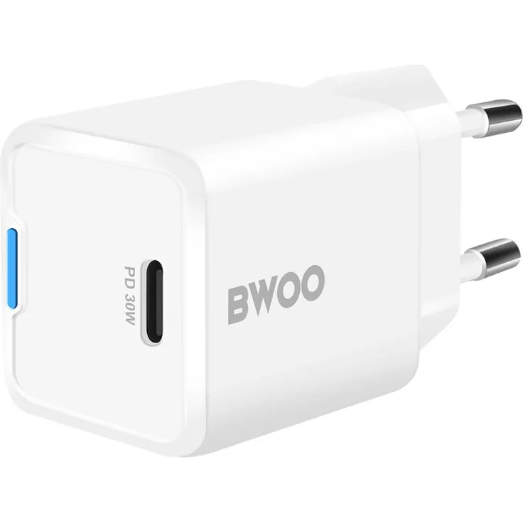 Bwoo 30W USB-C GaN Schnellladegerät, kompaktes Design in Weiß mit Power Delivery