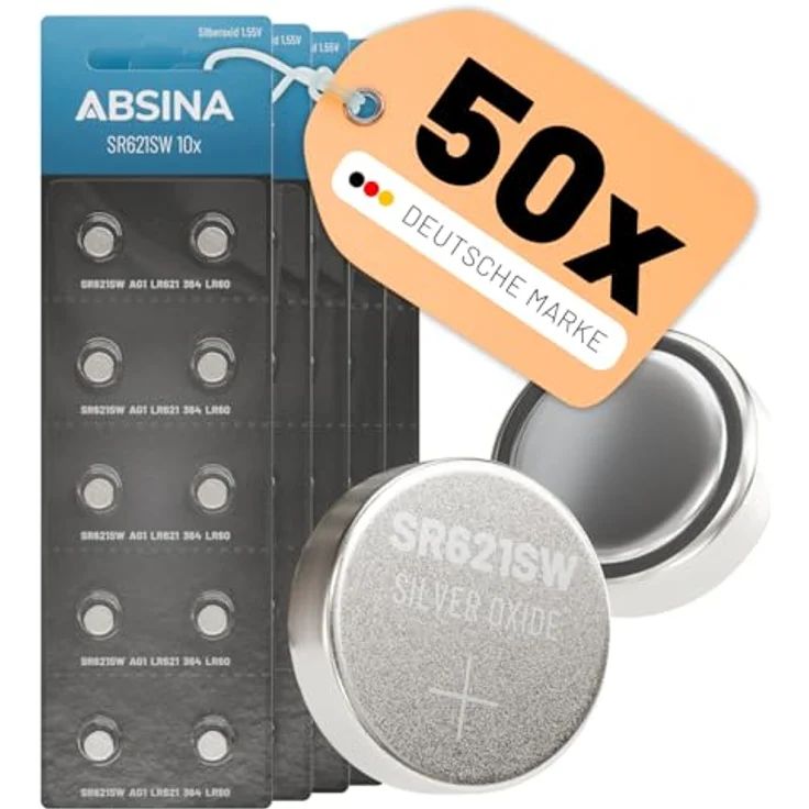 ABSINA SR621SW Uhrenbatterie 1,55V Silberoxid, 50er Pack, auslaufsicher & langlebig, für Armbanduhren, Taschenrechner & mehr – Bild 1