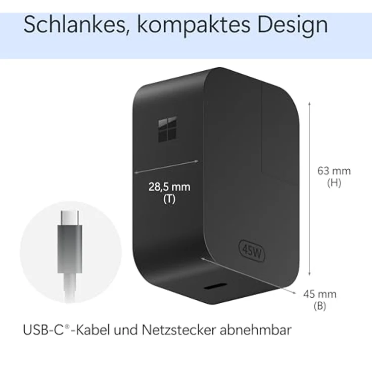 Microsoft Surface 45-Watt USB-C Netzteil, schlankes Design mit abnehmbarem Kabel und EU-Stecker – Bild 3