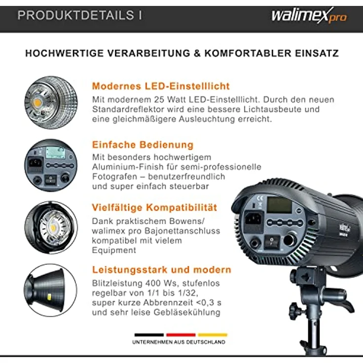 Walimex pro Campaigner 400 HS Set Single mit integriertem 2.4 GHz Empfänger, 400 Ws, LED-Einstelllicht, Aluminium-Finish – Bild 4