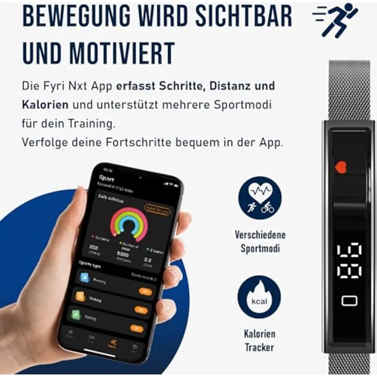 Fontastic Smartband Luxis, LED-Display Fitness Tracker mit Pulsmesser, SpO2, Blutdruck, Schlaftracker, Schrittzähler, Metallband und Silikonband (Roségold), App Fyri Nxt, BT 5.3, 1ATM – Bild 5