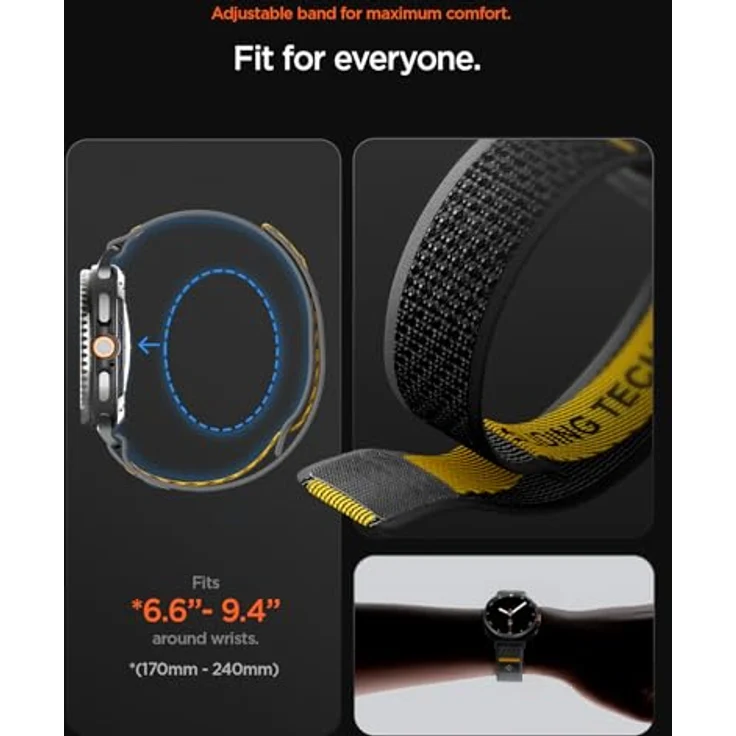 Spigen Athlex Air Armband für Samsung Galaxy Watch 8, 44mm/40mm, 8 Classic 46mm (2025) - Komfortabel, sicherer Klettverschluss, sportliche gelbe Nähte, Actives Schwarz – Bild 5