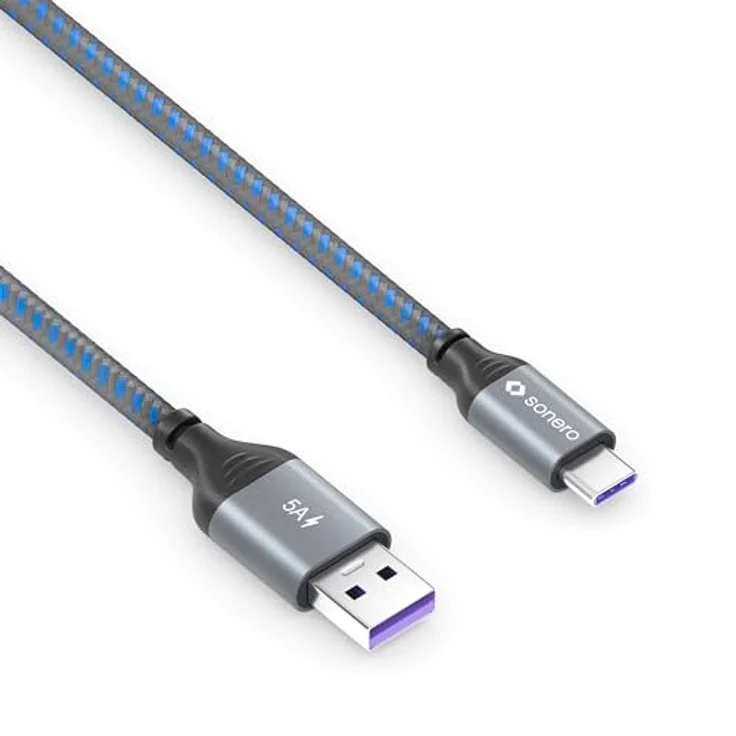 Sonero® USB-C auf USB-A Ladekabel, Schnellladekabel 5V/5A, Typ C Kabel 2.0, grau/blau, 0,25m – Bild 3