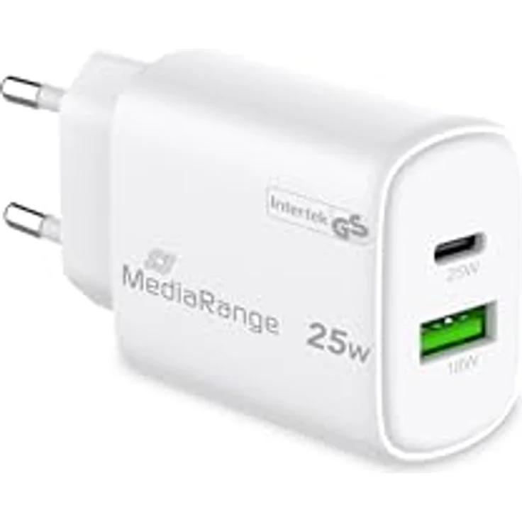 MediaRange 25W GaN Schnellladeadapter (EU-Stecker), 1x USB-C und 1x USB-A, unterstützt USB-C® Power Delivery und Quick Charge™, Weiß, kompakt und leicht – Bild 3