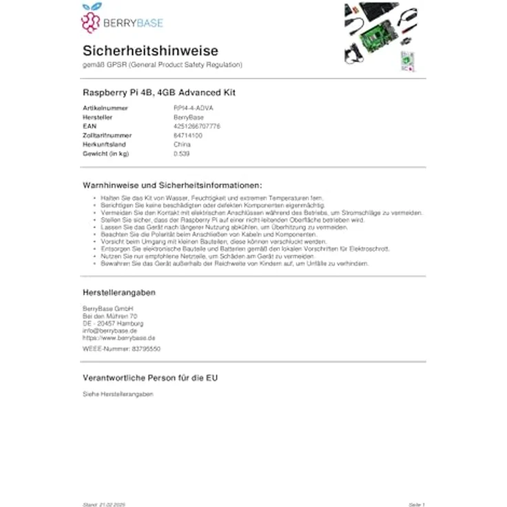 BerryBase Raspberry Pi 4B, 4GB Advanced Kit mit 64-Bit Quad-Core Prozessor, Dual-Display bis 4K, und umfangreicher Konnektivität – Bild 9