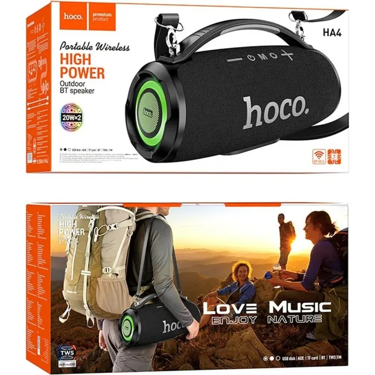 Hoco HA4 Surge Tragbarer Bluetooth-Lautsprecher mit FM, TF-Karte, USB und AUX, 2x20 W, Schwarz, RGB-LED-Beleuchtung, 4500 mAh Akku