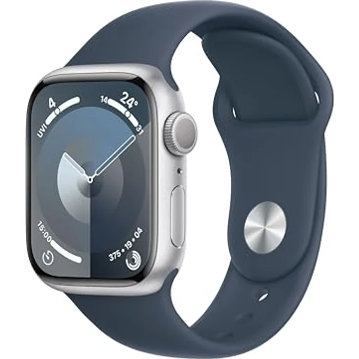 Apple Watch Series 9 GPS, 41 mm Aluminiumgehäuse Silber, Sportarmband Sturmblau – M/L – Bild 1