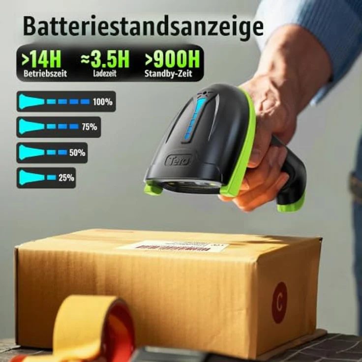 Tera Barcode Scanner 5100, kabellos mit Akkuanzeige und Anti-Shock-Silikon, 1D in Grün – Bild 2