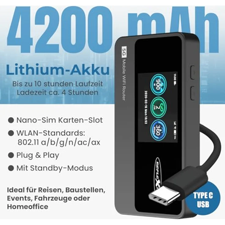 Reflexion 5GCONNECT WLAN Router, mobiler Hotspot mit 4200mAh Akku, WiFi 6, 2,4 Zoll Display, Nano-SIM, bis 16 Geräte, USB-C Anschluss – Bild 4