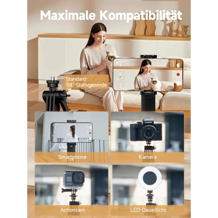 Rollei Easy Creator Quadpod, Handy Stativ mit 360° Rotation, automatischer Gesichtsverfolgung, 163 cm, mit Licht und Fernbedienung für Vlogs und Selfies – Bild 5