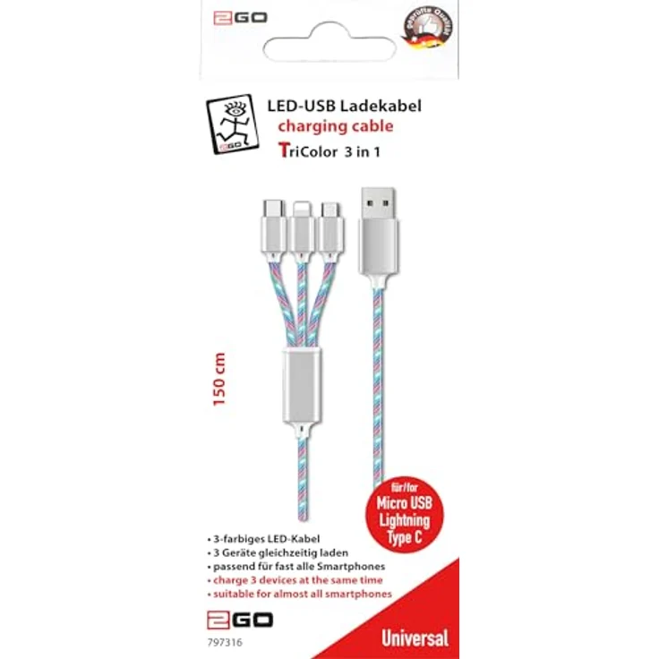 2GO 797316 USB-Kabel 1,5 m, USB B zu USB C/Micro-USB B/Lightning, Mehrfarbig, ideal für Festplatten – Bild 2