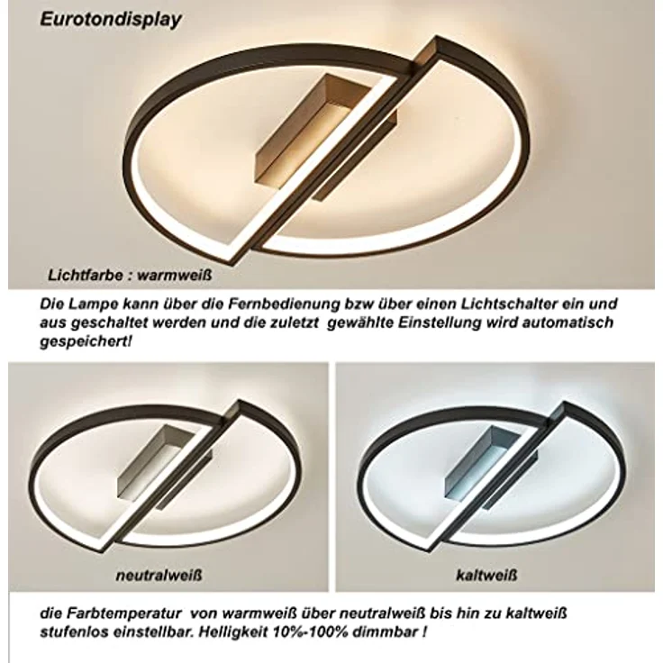 Eurotondisplay LED Deckenleuchte Deckenlampe SX87 mit Fernbedienung Lichtfarbe/Helligkeit einstellbar dimmbar weiß schwarz lackierte MetallrahmenLED Schlaffzimmerleuchte ceiling light (SX8719B Ø 45cm) – Bild 4