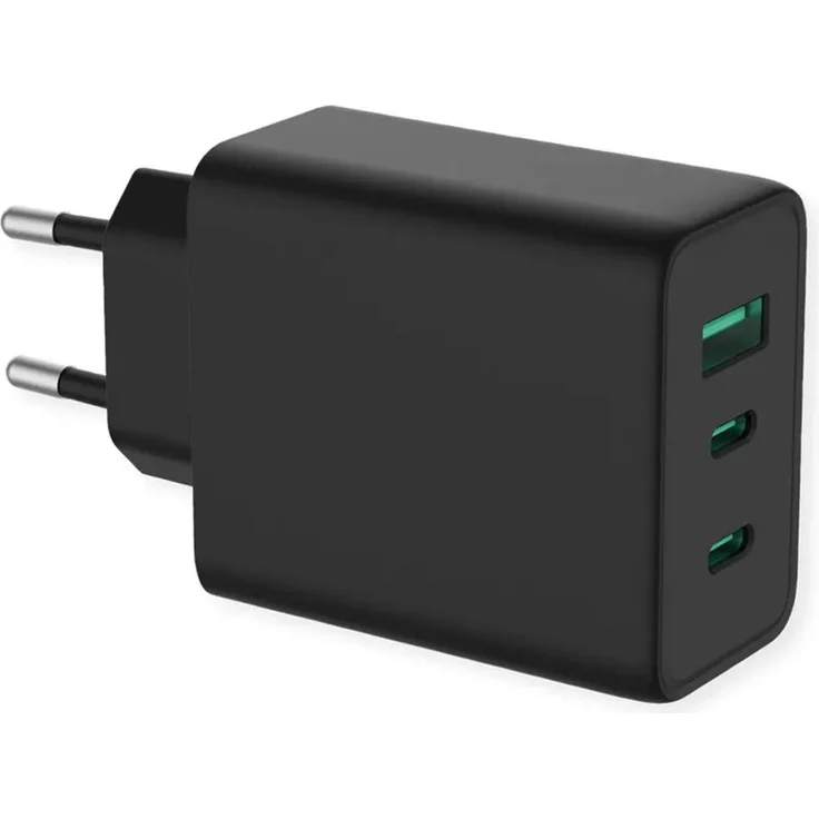 Value USB Charger mit Euro-Stecker, 65 W Ladegerät mit 1x USB-A und 2x USB-C Anschlüssen, kompakt und mattschwarz