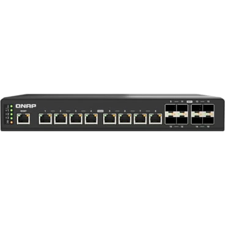 QNAP Switch QSW-IM3216-8S8T | 8X 10GbE RJ45, 8X 10GbE SFP+, L2 Managed, Lüfterlos IP20, DC 9-54V Stromversorgung, Rackmount – Bild 1