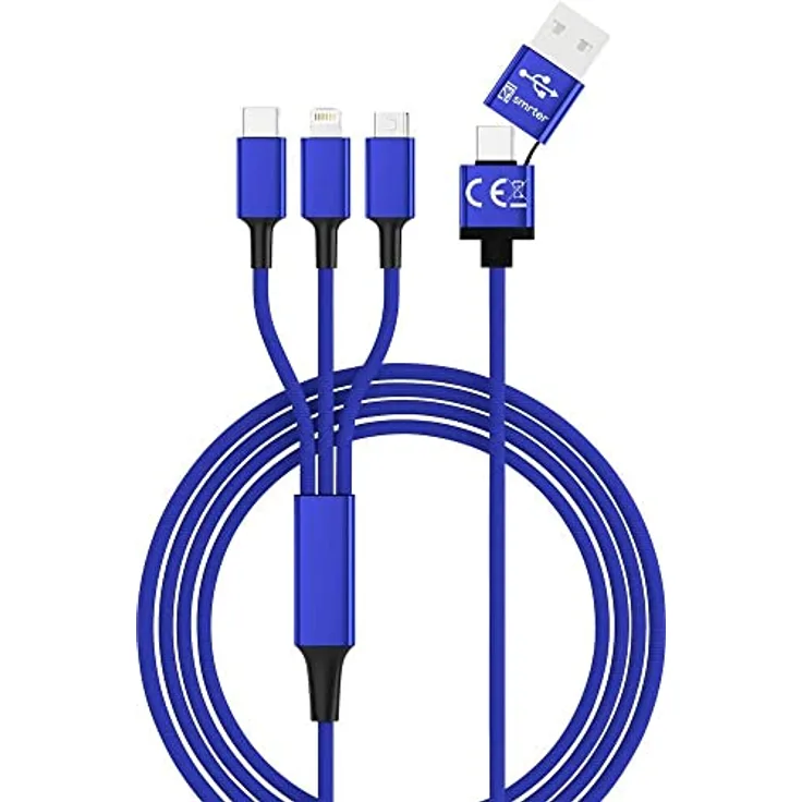 Smrter Nylon Hydra Ultra 5 in 1 USB-Ladekabel USB-A Stecker, USB-C Stecker, USB-Micro-B Stecker, Lightning Stecker, OTG, 1,20m, blau