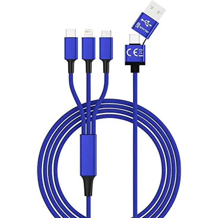 Smrter Nylon Hydra Ultra 5 in 1 USB-Ladekabel USB-A Stecker, USB-C Stecker, USB-Micro-B Stecker, Lightning Stecker, OTG, 1,20m, blau