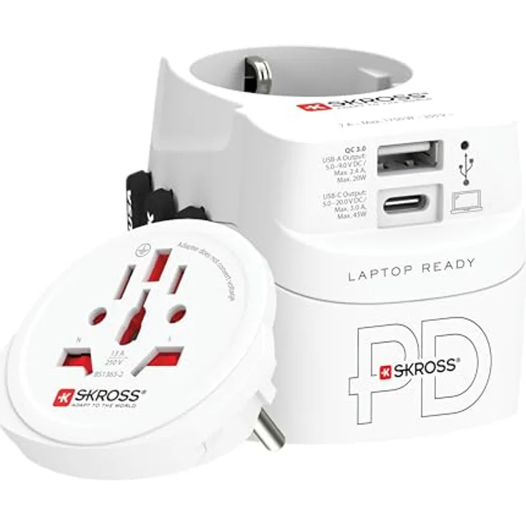 SKROSS - PRO Light USB AC45PD - Adattatore Universale da Viaggio da e per il Mondo Con 2 Prese USB - Fast Charge da 45W - Tensione e Potenza : 100 V AC – 700 W / 250 V – 1750 W