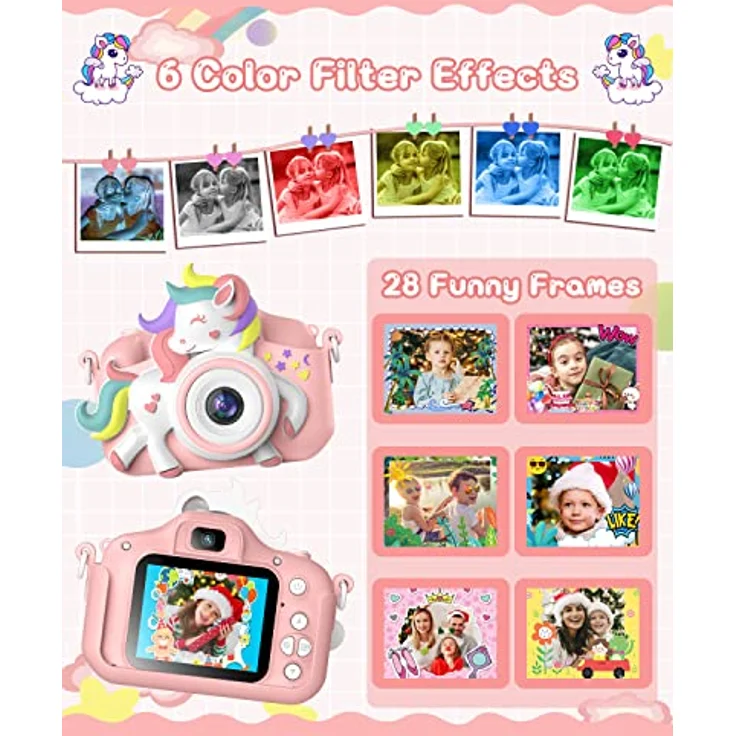 Gofunly Kinderkamera 1080P, Digitalkamera mit 2,0-Zoll-Bildschirm und 32GB-Karte für Kinder, rosa-weißes Pferd, ideal als Geburtstags- und Weihnachtsgeschenk – Bild 4