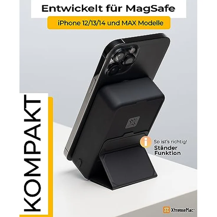XtremeMac Hochleistungs-Magnetische Kabellose Powerbank, MagSafe Kompatibel, 20000mAh, mit USB-C und USB-A Anschluss, Inklusive Halterung, LED Digitalanzeige, für iPhone 12/13/14, Schwarz – Bild 4