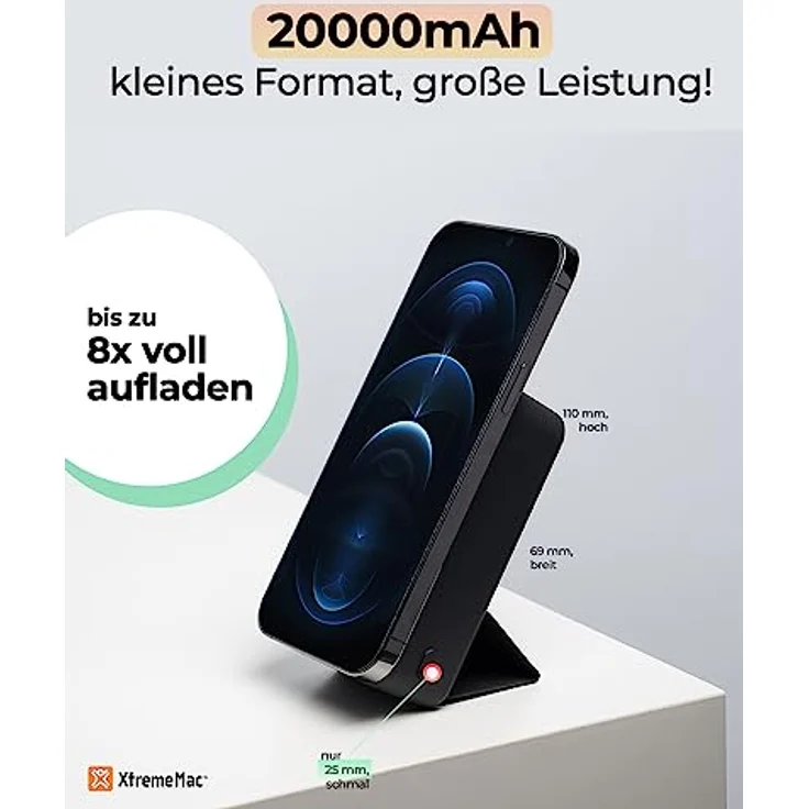 XtremeMac Hochleistungs-Magnetische Kabellose Powerbank, MagSafe Kompatibel, 20000mAh, mit USB-C und USB-A Anschluss, Inklusive Halterung, LED Digitalanzeige, für iPhone 12/13/14, Schwarz – Bild 3