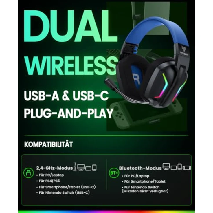 WESEARY Gaming Headset Wireless mit Mikrofon, immersiver Stereo-Sound, bis zu 60 Stunden Akkulaufzeit, RGB-Beleuchtung für PS5 PS4 PC Switch Handy – Bild 3