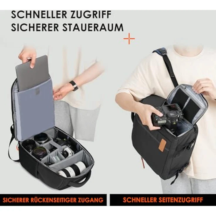 TARION Kamerarucksack, Wasserdichter Fotorucksack für Spiegelreflexkameras, Leicht und Kompakt, 15 Zoll Laptopfach, Schwarz – Bild 4