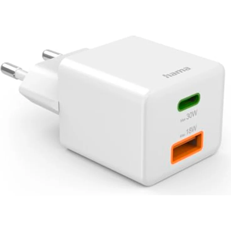 Hama Schnellladegerät, 1x USB-C PD, 1x USB-A QC, Mini-Ladegerät, 30 W, Weiß – Bild 2
