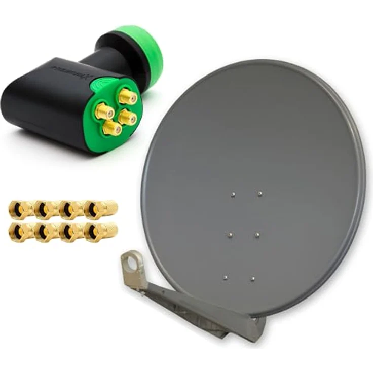 PremiumX DELUXE SAT Anlage 100cm, Aluminium Satellitenantenne Anthrazit für 4 Empfänger mit Green Diamond Quad LNB und 8x F-Stecker – Bild 1